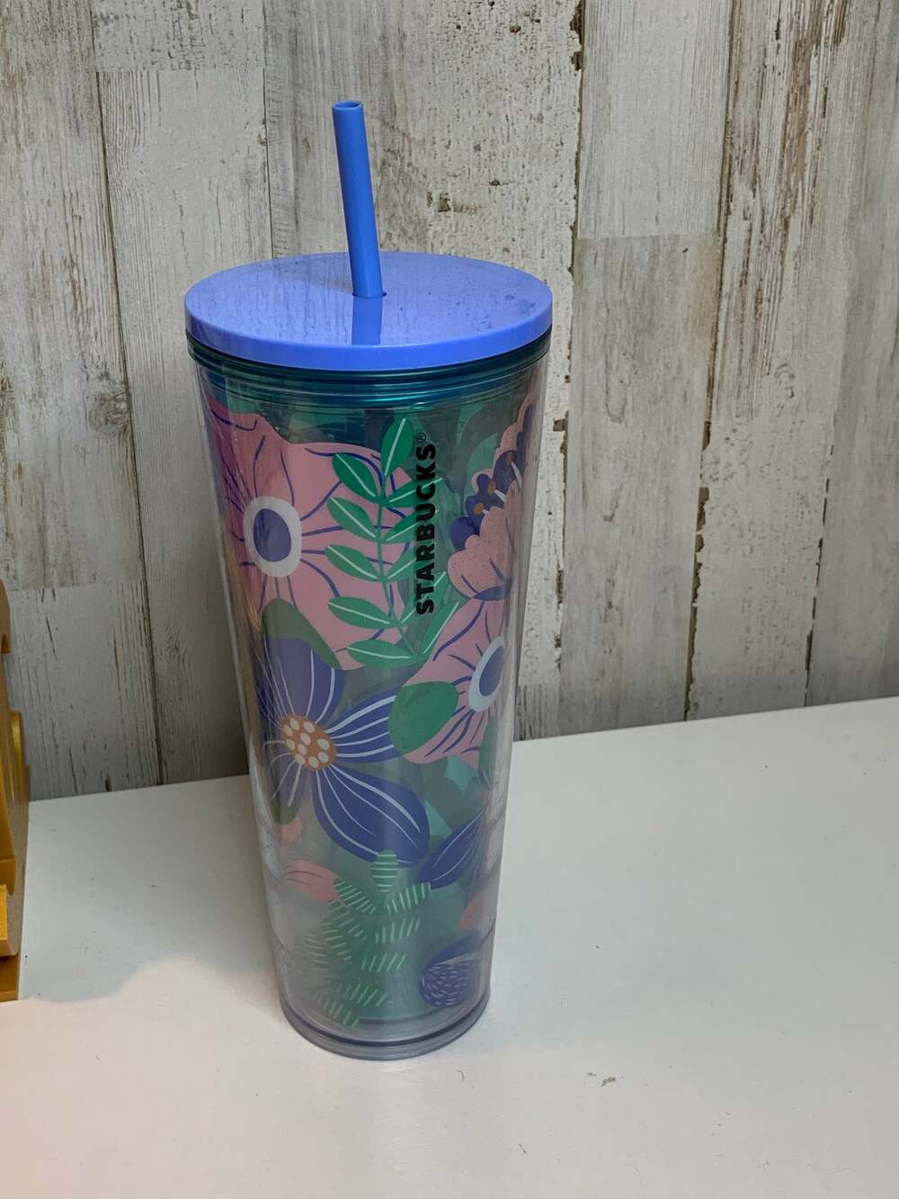 Starbucks Cold Cup Tumbler 24 oz Blue Teal Floral w/ Lid & Straw